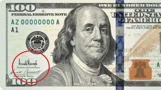 Trump publie pour la première fois une image d'un billet de 100 dollars signé par lui.