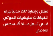 مقتل وإصابة 237 مدنياً جراء انتهاكات مليشيات الحوثي في تعز منذ أغسطس الماضي